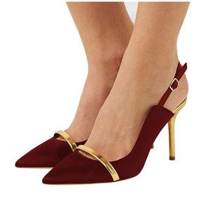 FSJ Wine Classy Pointed Toe Thin High Heel Slingback Pump Prom Dress Shoes